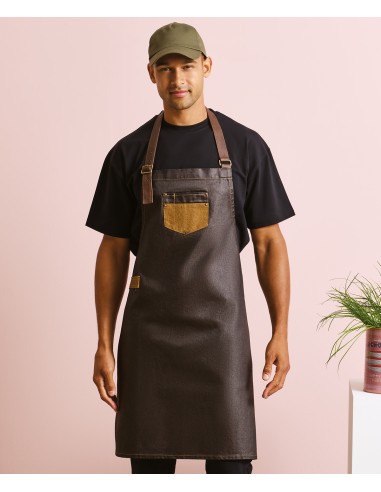 PRE-PR136-Division Waxed Look Denim Bib Apron With Faux Leather